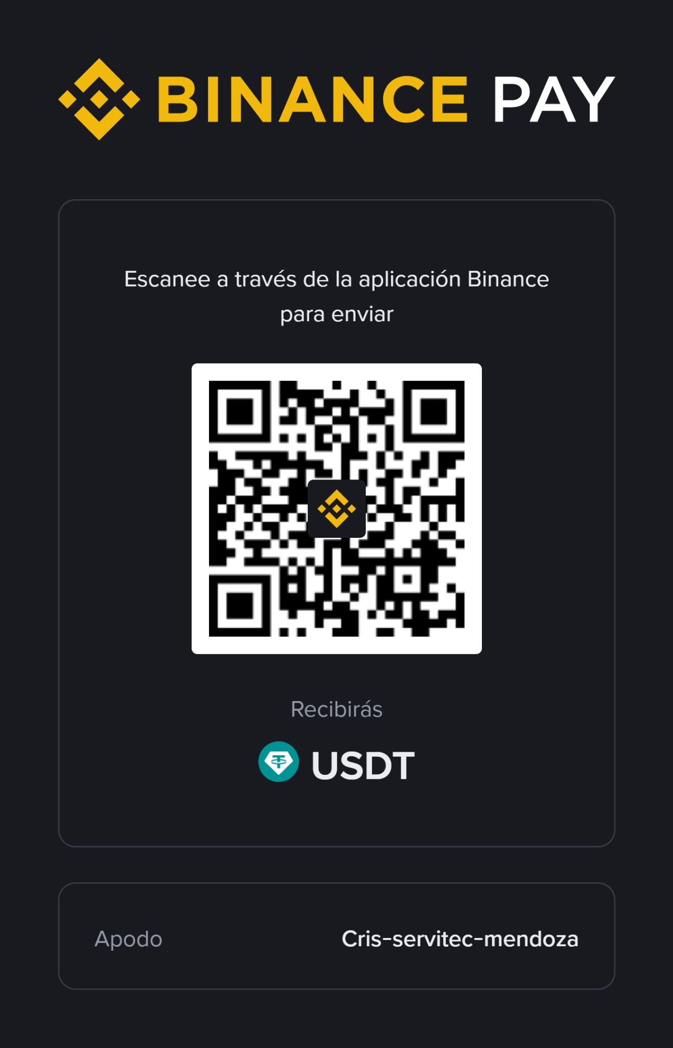 QR de Binance Pay para pagar en USDT
